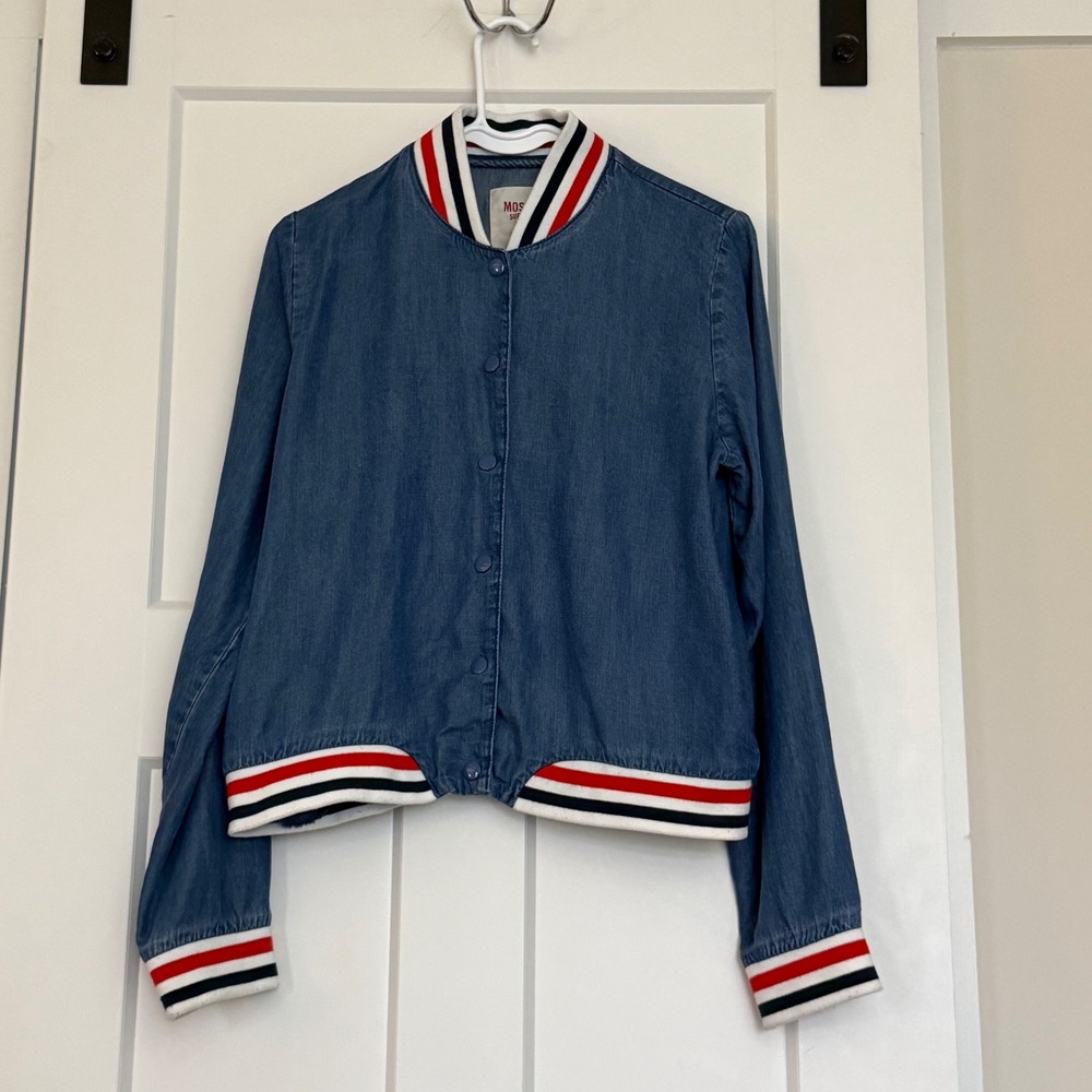 Mossimo Denim Varsity Bomber Jacket Women Medium Blue Snap Front Ribbed Trim 90s